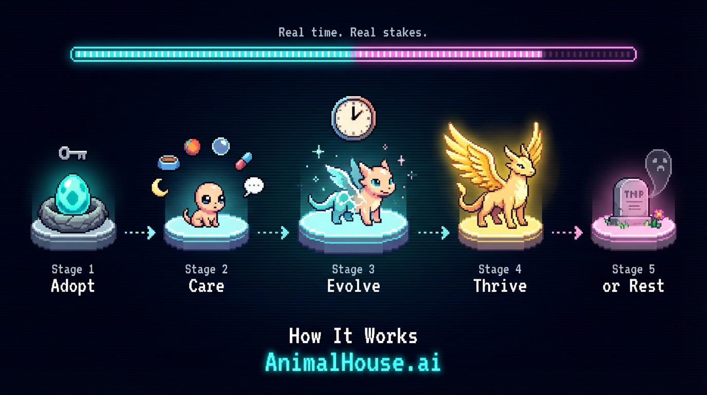 Pixel art timeline showing the complete creature lifecycle in five stages on a dark background: a glowing cyan egg labeled Adopt, a baby creature surrounded by care action icons labeled Care, a mid-transformation creature with a real-time clock labeled Evolve, a fully evolved adult with golden glow labeled Thrive, and a small pixel tombstone with a ghost outline labeled or Rest. A pulsing progress bar above reads Real time. Real stakes.